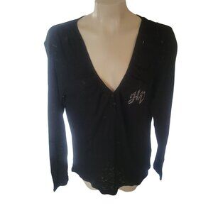 Harley-Davidson Womens Black Sheer V-Neck Long Sleeve Top W/ Rhinestone Logo‎ L